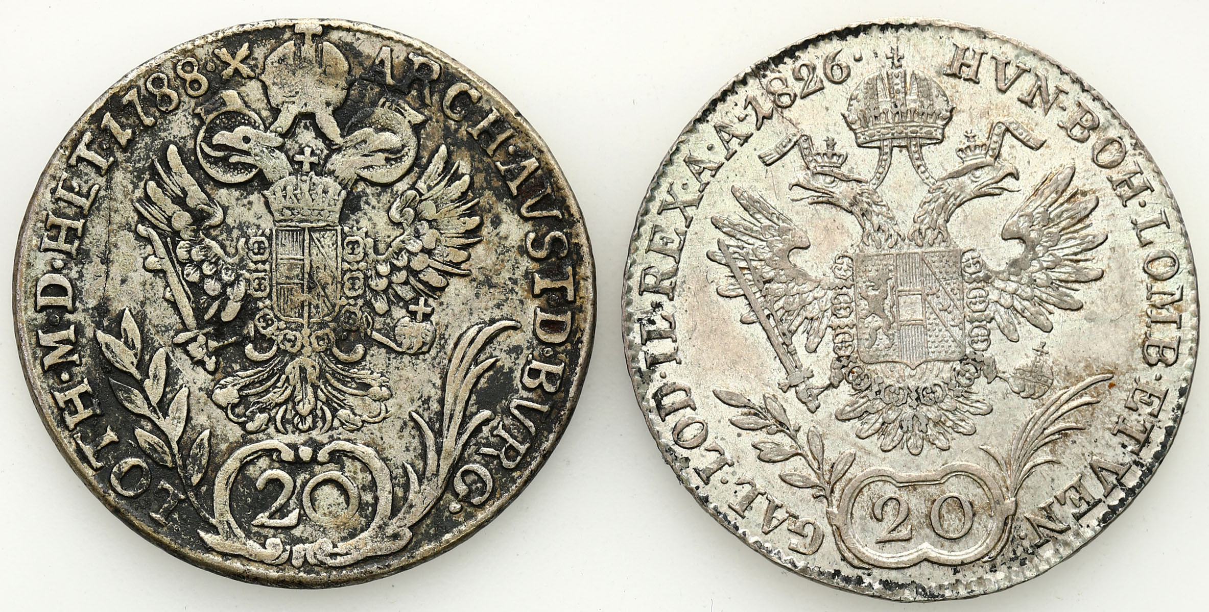 Austria. 20 krajcarów 1788 C, 1826 A, zestaw 2 monet